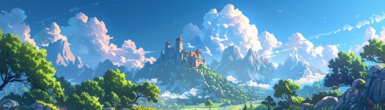 Majestic fantasy castle on a mountain, surrounded by trees and clouds, creating a dreamy, serene landscape under clear blue skies.