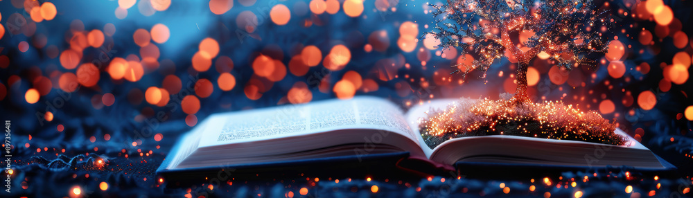 Poster an enchanting open book with a magical tree growing from its pages, surrounded by glowing lights in 