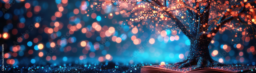 Poster enchanting tree illuminated with sparkling lights against a bokeh background, evoking a magical and 