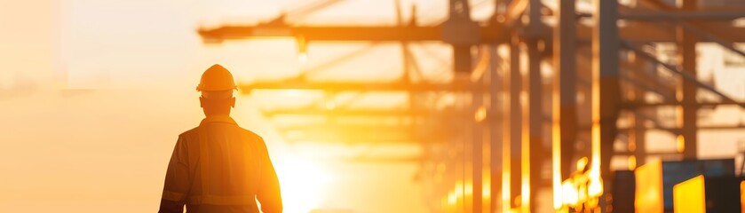 Obraz premium A young engineer wearing a hard hat and safety vest is walking towards the camera with the sun rising behind him.