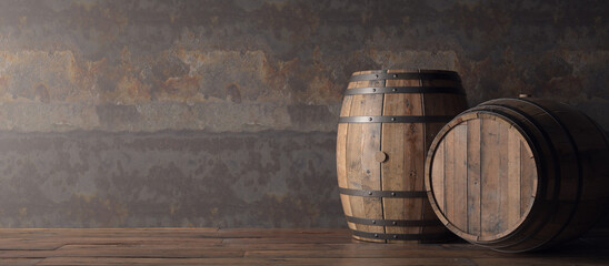 Rustic stage with wooden slab floor, old wall and oak barrels. Realistic 3d render.
