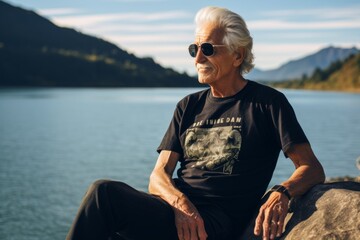 Fototapeta premium Portrait of a tender man in his 80s sporting a vintage band t-shirt isolated in serene lakeside view