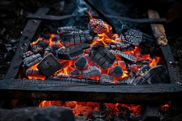 Burning logs with red hot embers in an open fire pit, creating a vibrant and dynamic scene that symbolizes warmth, energy, and a cozy atmosphere in the wilderness.