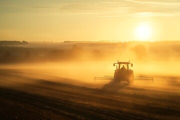 Tractor in a Misty Field at Sunrise