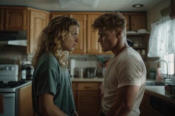 Fototapeta premium A young man and woman stands in a brightly lit kitchen, intensely staring at each other, wearing casual clothes. Kitchen is organized with wooden cabinets and appliances around.