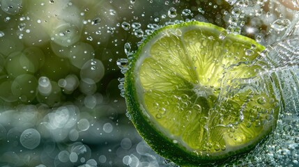 Fresh Green Lime Slice Splashing into Clear Water