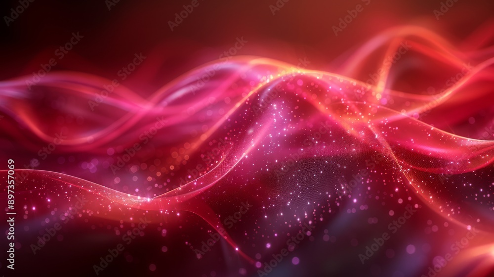 Poster dynamic and vibrant abstract waves of red and pink light with sparkling particles and smooth curves.