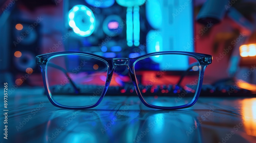 Aufkleber blue light glasses rest on a desk in front of a computer monitor, reflecting the blue light from the