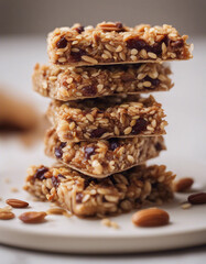 Obraz premium A plate of homemade granola bars made with oats, dates, and nuts on a white background.
