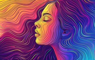 Colorful abstract digital artwork of a serene woman with flowing lines and vibrant hues, evoking a sense of peace and creativity.
