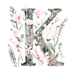 Watercolor Alphabet Letter K with Leaves and Flowers. Birthday, Vintage Wedding Poster Font.  Summer Ornament. Exotic Floral ABC Card. Initial Monogram K Painted in Watercolour Isolated on White.