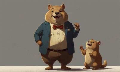 wombat with blue suits, a kid wombat stands besides