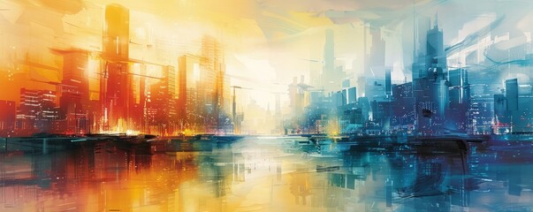 Fototapeta premium A watercolor painting of a futuristic city nestled among towering skyscrapers, its vibrant colors and flowing lines creating a sense of wonder.