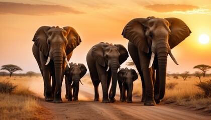 Obraz premium environment, Family Time with Elephants at Sunset