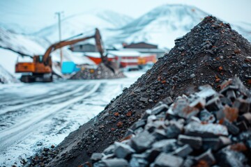Naklejka premium A large pile of rocks sits in the foreground while an excavator works in the snowy industrial landscape, emphasizing the scale and intensity of mining operations in challenging climates.