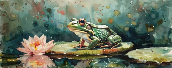 A watercolor painting of a frog perched on a lily pad, its vibrant green skin blending in with the surrounding foliage.