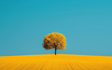 A solitary tree stands in the middle of a vibrant yellow field under a clear blue sky, epitomizing simplicity and natural beauty.