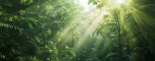 Dense Rainforest with Sunlight Filtering Through, 4K hyperrealistic photo