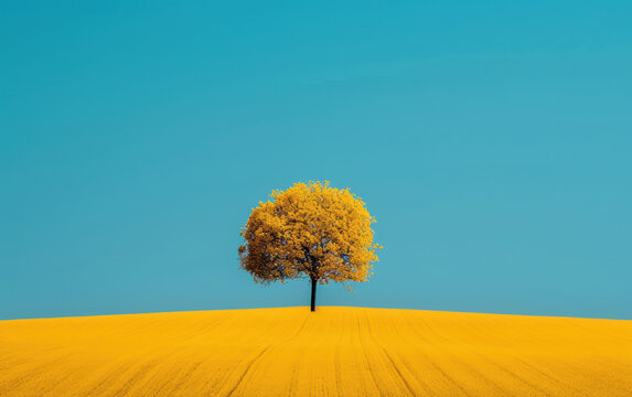 A solitary tree stands in the middle of a vibrant yellow field under a clear blue sky, epitomizing simplicity and natural beauty.
