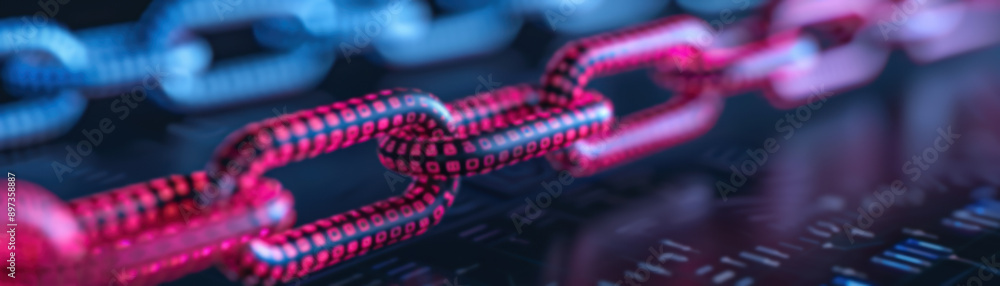 Poster close-up of a digital blockchain chain with blue and pink links on a dark background, symbolizing cy