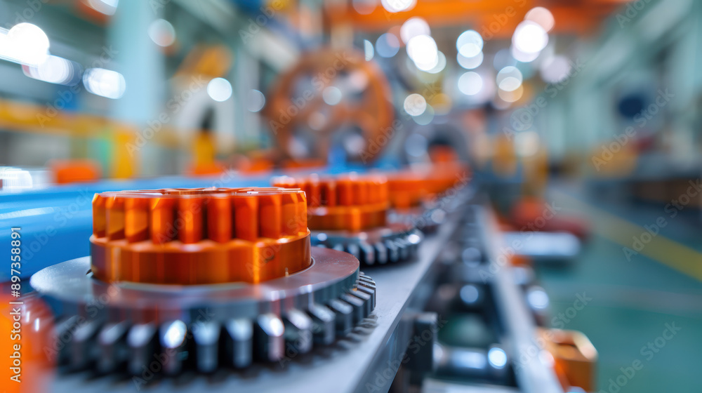 Poster close-up of industrial machinery with orange gears in a factory setting. the background shows a blur