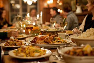 Fototapeta premium Family Gathering for Thanksgiving Dinner with Table Filled with Delicious Food and Warm Lighting