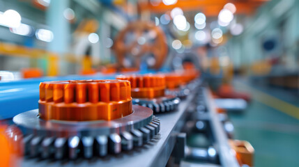 Close-up of industrial machinery with orange gears in a factory setting. The background shows a blurred array of machinery and systems for manufacturing.