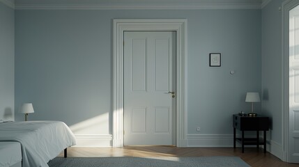 A doorway reveals a modern minimalist bedroom featuring wooden walls and a comfortable bed