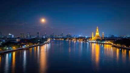 Stunning night view of a city skyline illuminated by moonlight, reflecting on a serene river with vibrant landmarks. Bangkok Thailand.