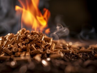 Handfuls of wood pellets, some of which are burning brightly, against a dark background.