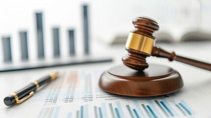 A gavel rests on financial documents, symbolizing law, justice, and business decisions in a professional setting.