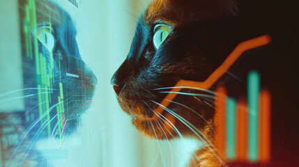Close-up of a cat analyzing data charts on a computer screen, with reflections and glowing graphs, symbolizing financial analysis and technology.