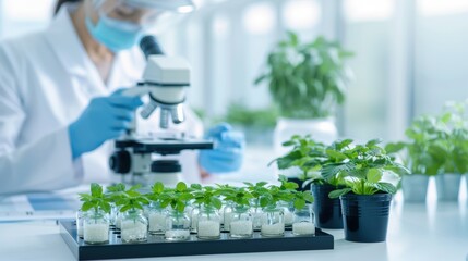 A scientist observes plant specimens under a microscope, showcasing research and innovation in botany and agriculture.