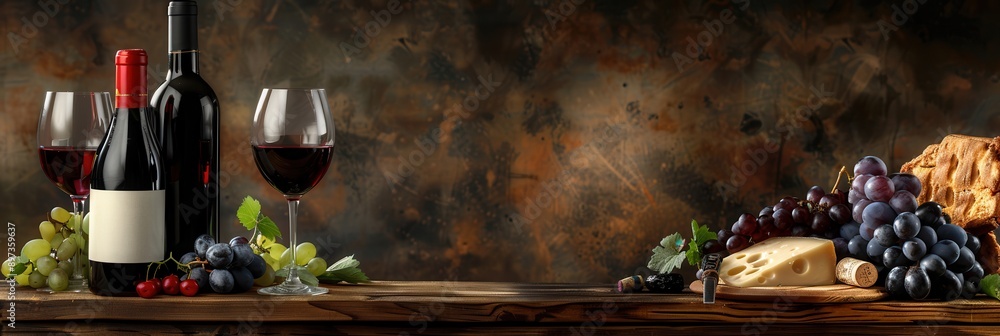 Poster two bottles of red wine with glasses filled with wine sit on a wooden table, along with grapes and a