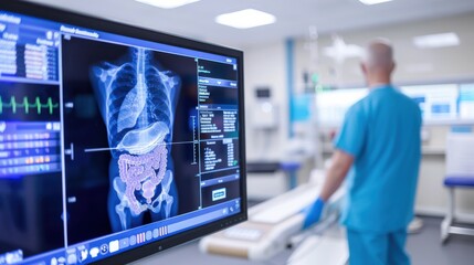 Fototapeta premium A detailed view of a medical imaging scan on a monitor with a healthcare professional in a modern hospital setting.