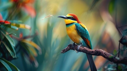 Fototapeta premium Brightly colored bee-eater perched on a branch, ready to catch insects, surrounded by lush vegetation