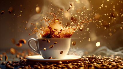 Coffee Splashing Out of Cup Surrounded by Roasted Beans..