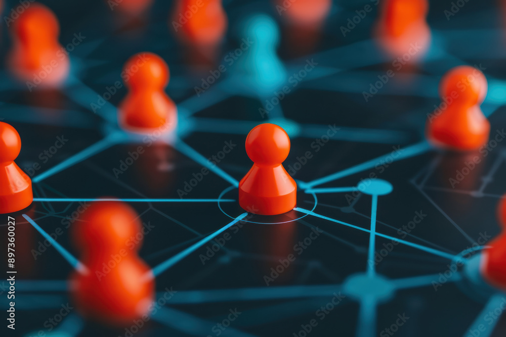 Poster conceptual image of interconnected red game pieces on a networked grid, symbolizing teamwork, strate
