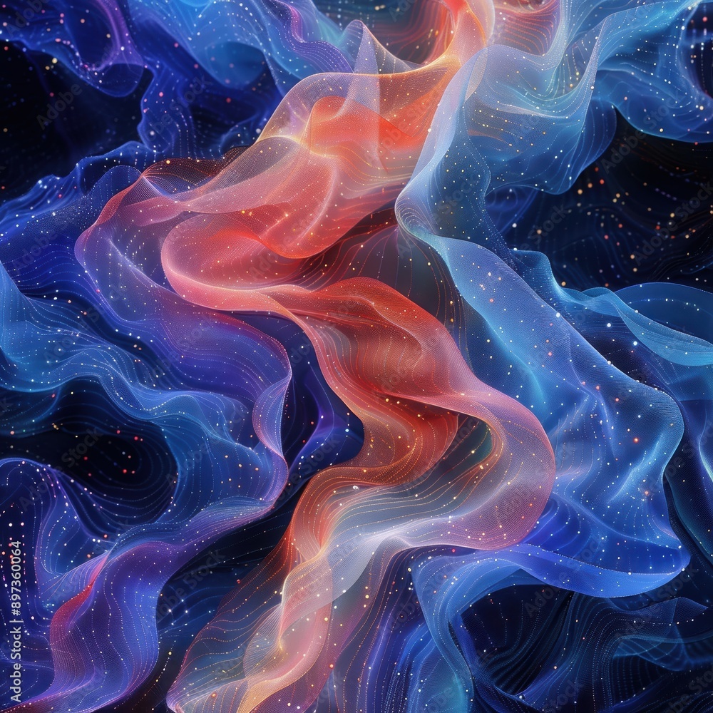 Poster abstract colorful digital waves with dynamic lines and dots creating a fluid, flowing design on a da