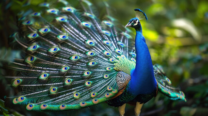 Obraz premium Vibrant peacock flaunts iridescent tail feathers in a breathtaking natural display of beauty and color