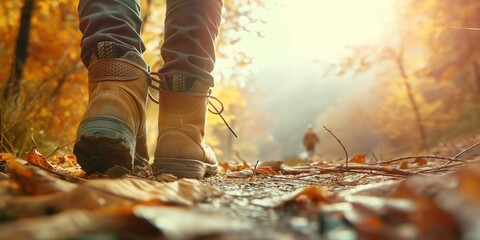 Close-up low angle photo of a woman's hiking boots as she hikes on a nature trail, with a backpack and walking poles. Stock photo with space for text. Hiking and outdoor adventure concept. 