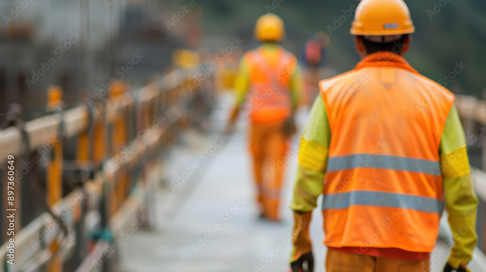 Poster construction workers wearing safety vests and helmets focus on building a bridge. they are working d