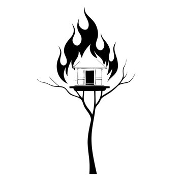 recommend clip art: Illustration of treehouse engulfed in flames, black line art