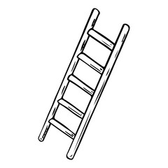 Extension ladder hand drawn in doodle style. Portable tool with steps for climbing to the top. Vector line art illustration.