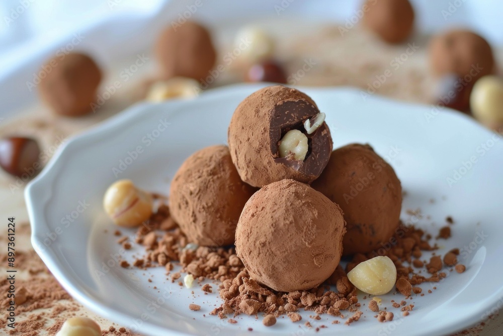 Sticker delicious chocolate truffles with cocoa powder and macadamia nuts filling a plate