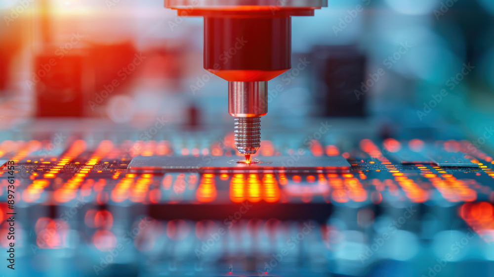 Poster close-up of a high-precision cnc machine working on a circuit board with glowing lights, representin