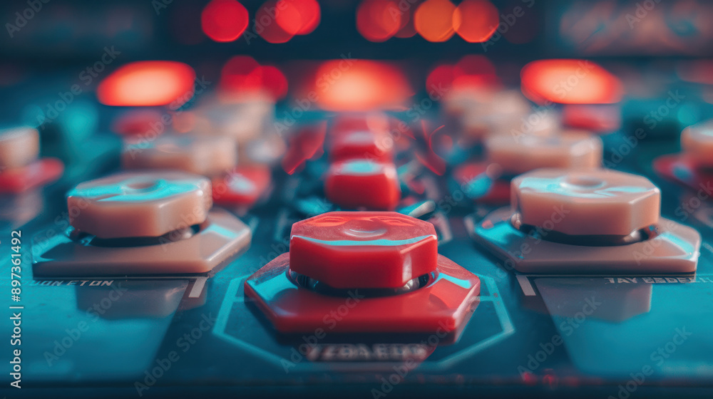 Poster close-up of illuminated control buttons on a professional audio mixing console, highlighting vibrant
