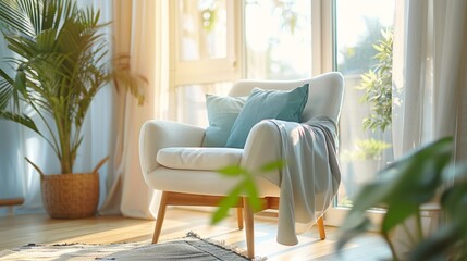 scandinavian interior design, the bright living room has a cozy feel with pastel-colored cushions on a wooden armchair, embodying a scandinavian design aesthetic