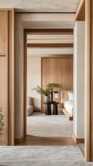 A doorway reveals a modern minimalist bedroom featuring wooden walls and a comfortable bed.