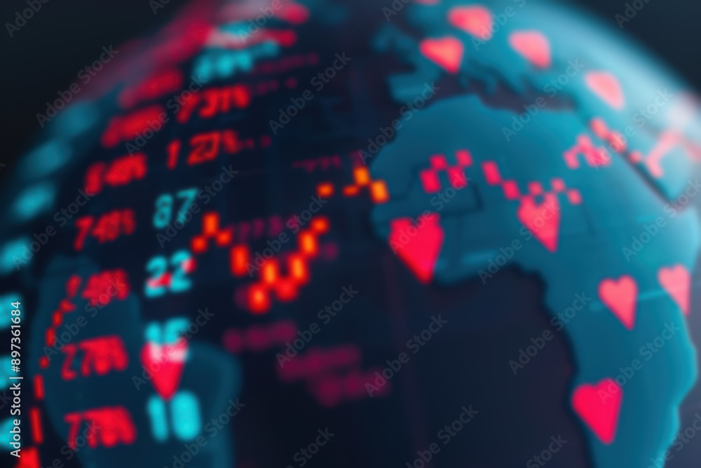 Aufkleber close-up of a digital globe with illuminated data points and financial market trends, representing g
